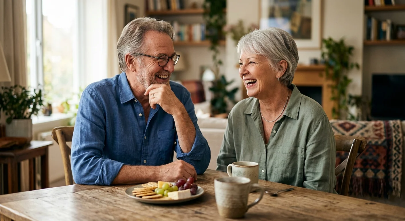 A candid photograph of an older couple sharing a joyful moment over a light snack at their kitchen table.
