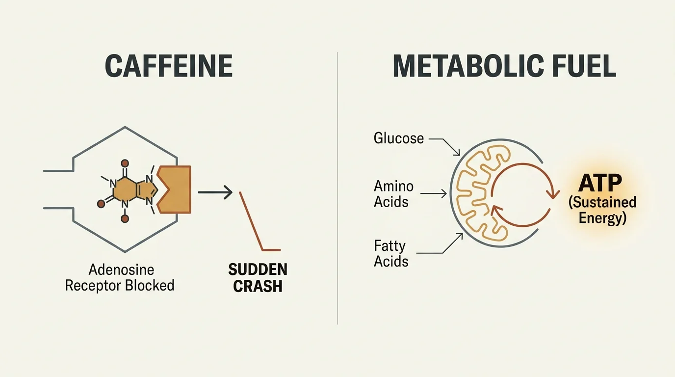 A clean comparative diagram illustrating caffeine blocking adenosine receptors versus nutrients converting to ATP inside a mitochondrion.