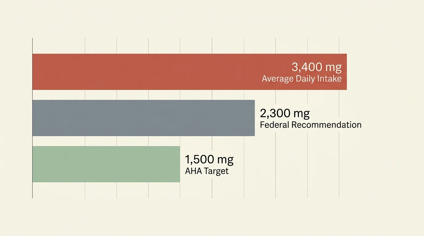 A clean horizontal bar chart comparing 3,400 mg average daily sodium intake to the 2,300 mg federal limit and 1,500 mg AHA target.