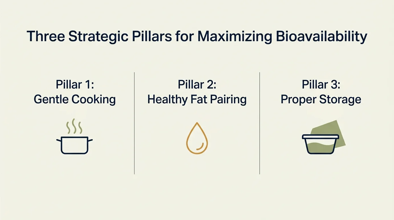 A clean horizontal diagram detailing three pillars of nutrient bioavailability: cooking methods, healthy fat pairings, and storage.