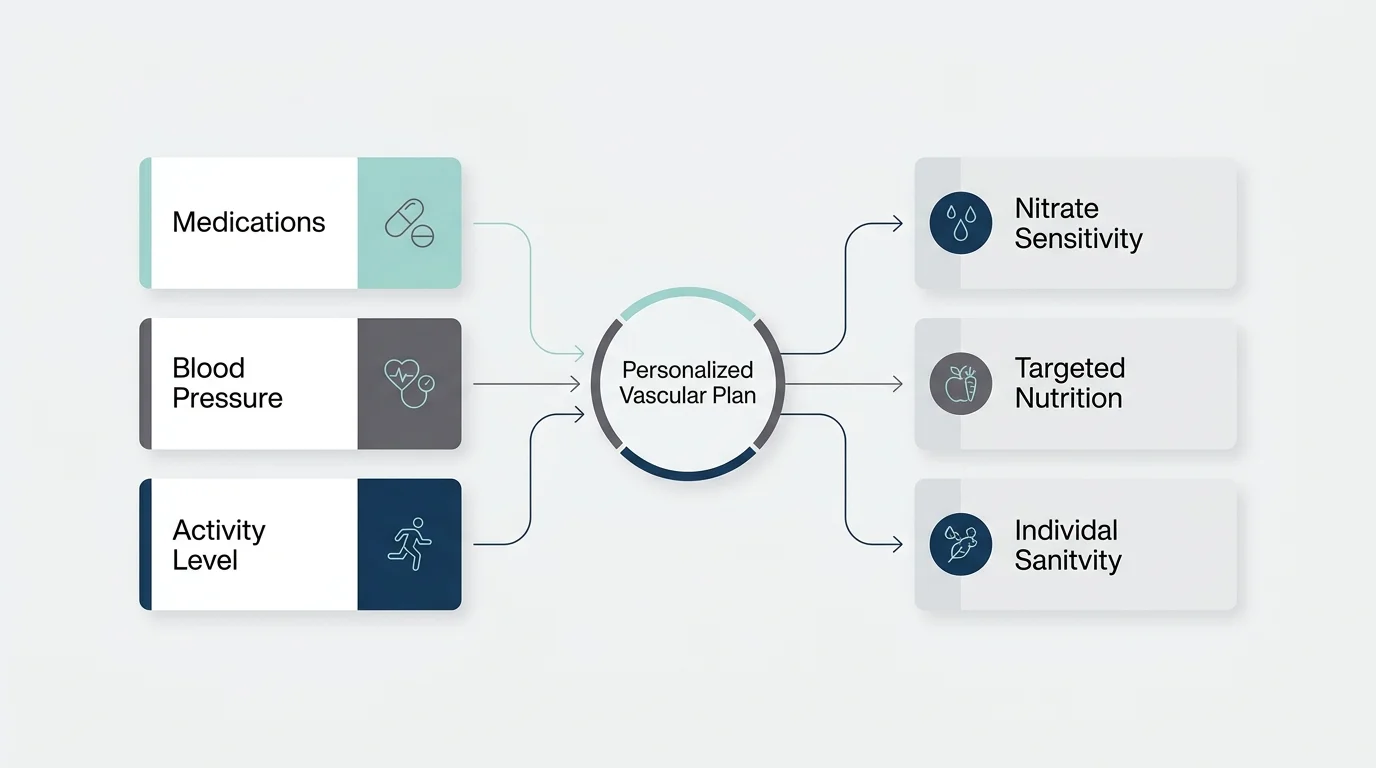 A clean, horizontal diagram showing how health metrics like medications and blood pressure map to a personalized nutrition plan.