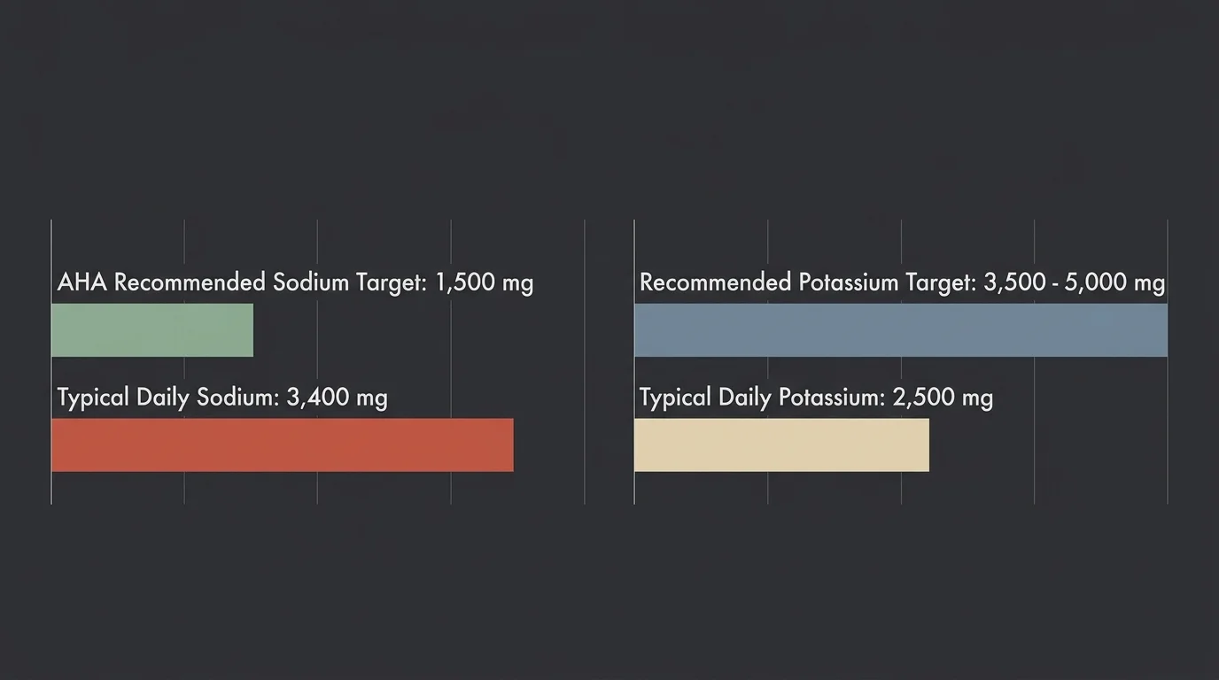 A clean horizontal infographic comparing recommended daily sodium and potassium intake limits to average actual diets.
