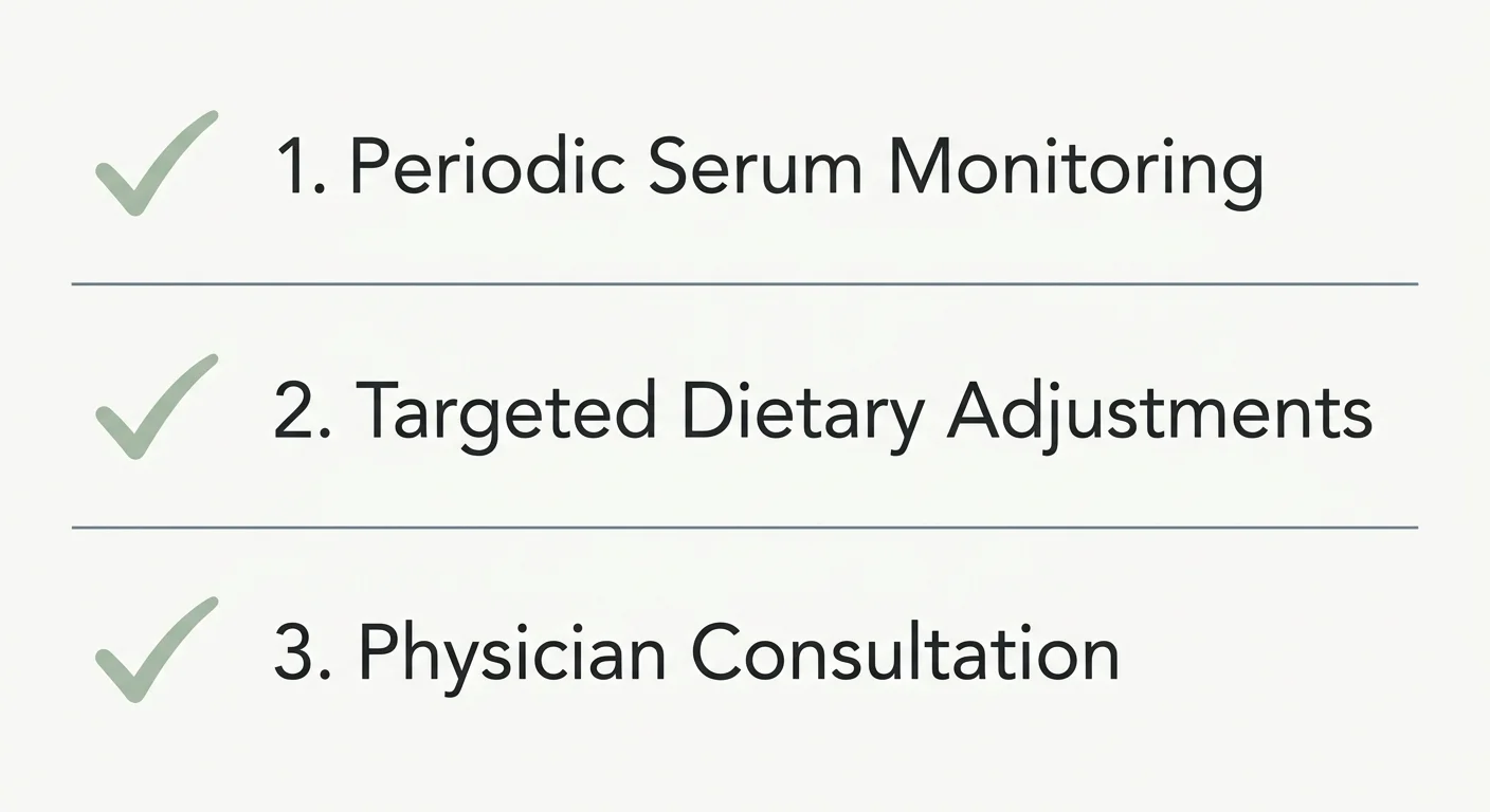 A clean, minimalist checklist diagram outlining safety steps: Periodic Serum Monitoring, Targeted Dietary Adjustments, and Physician Consult