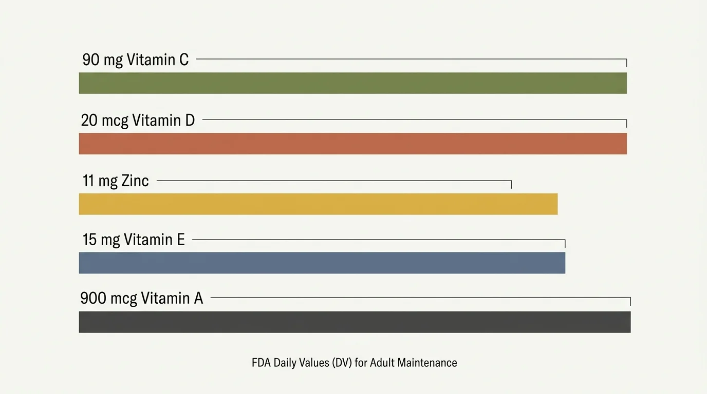 A clean, minimalist horizontal bar chart showing FDA daily values for Vitamin C, Vitamin D, Zinc, Vitamin E, and Vitamin A.