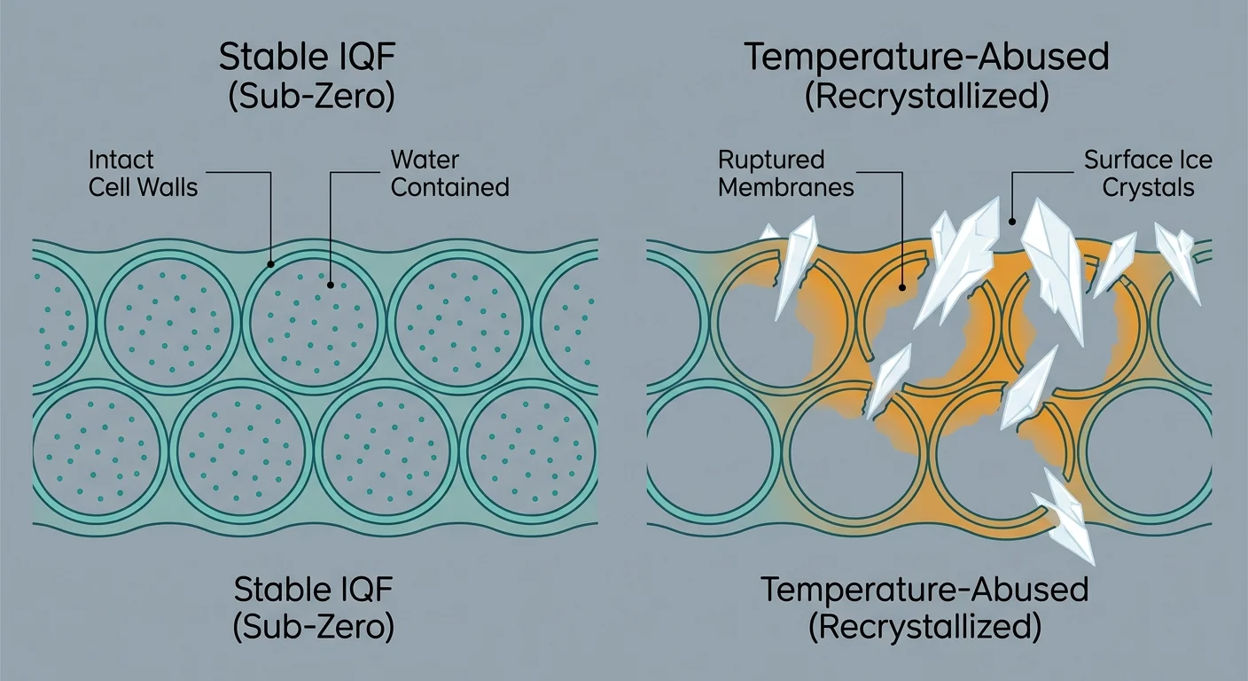 A clean scientific diagram comparing healthy shrimp cells under sub-zero storage to ruptured cells damaged by temperature abuse.