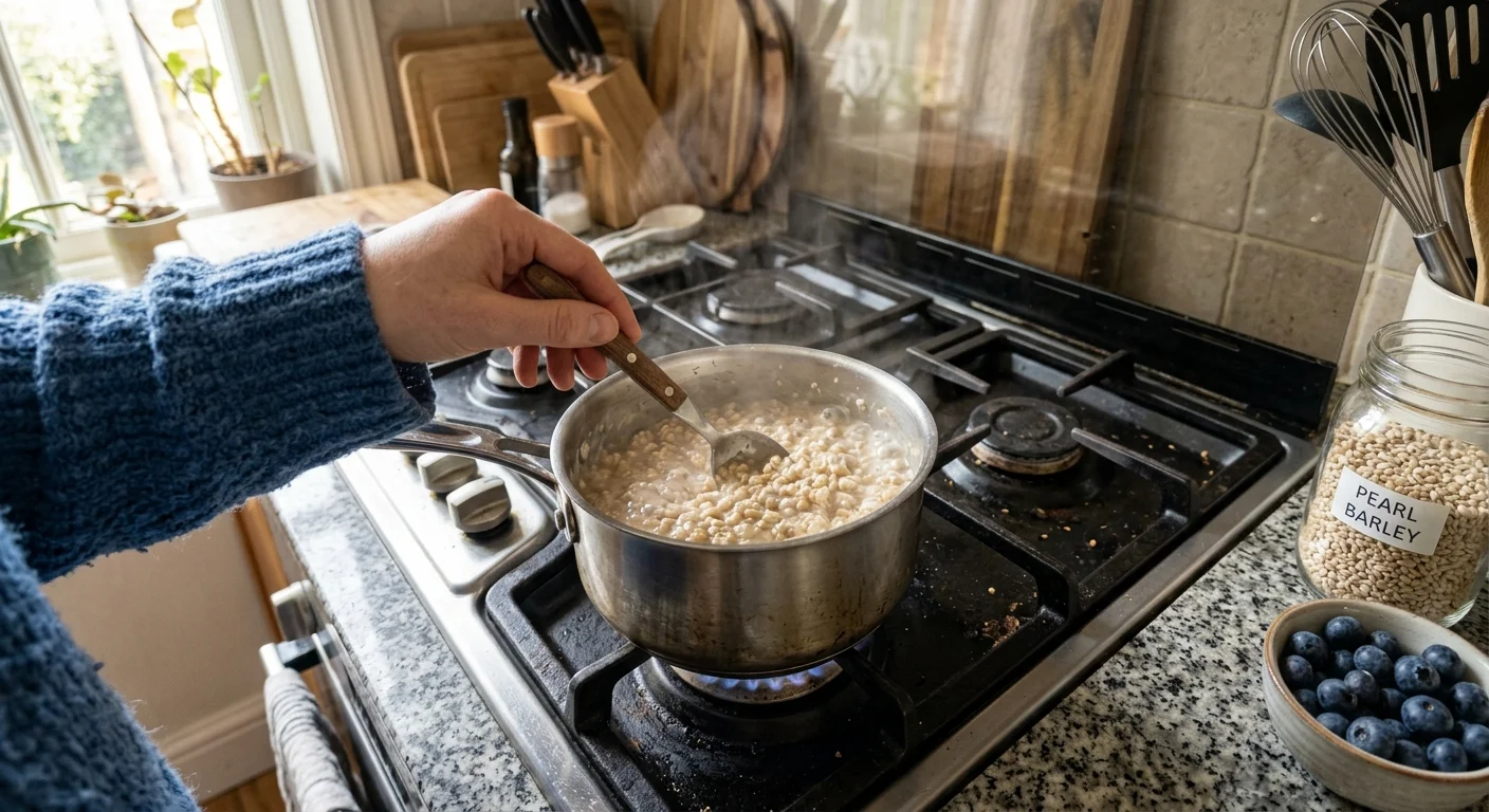A close-up, first-person view of someone stirring oatmeal in a metal pot on a gas stove in a sunlit kitchen.