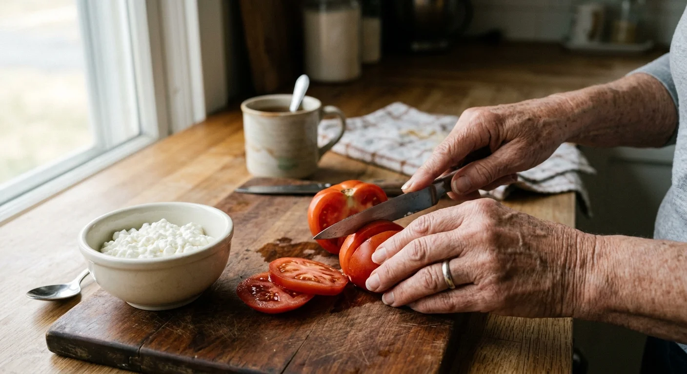 A close-up photograph of a senior woman's hands slicing fresh tomatoes next to a bowl of cottage cheese on a wooden cutting board.