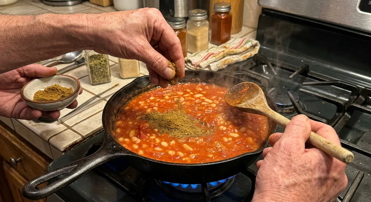 A close-up snapshot of hands seasoning a simmering skillet of white bean and tomato stew over a warm gas stove burner.
