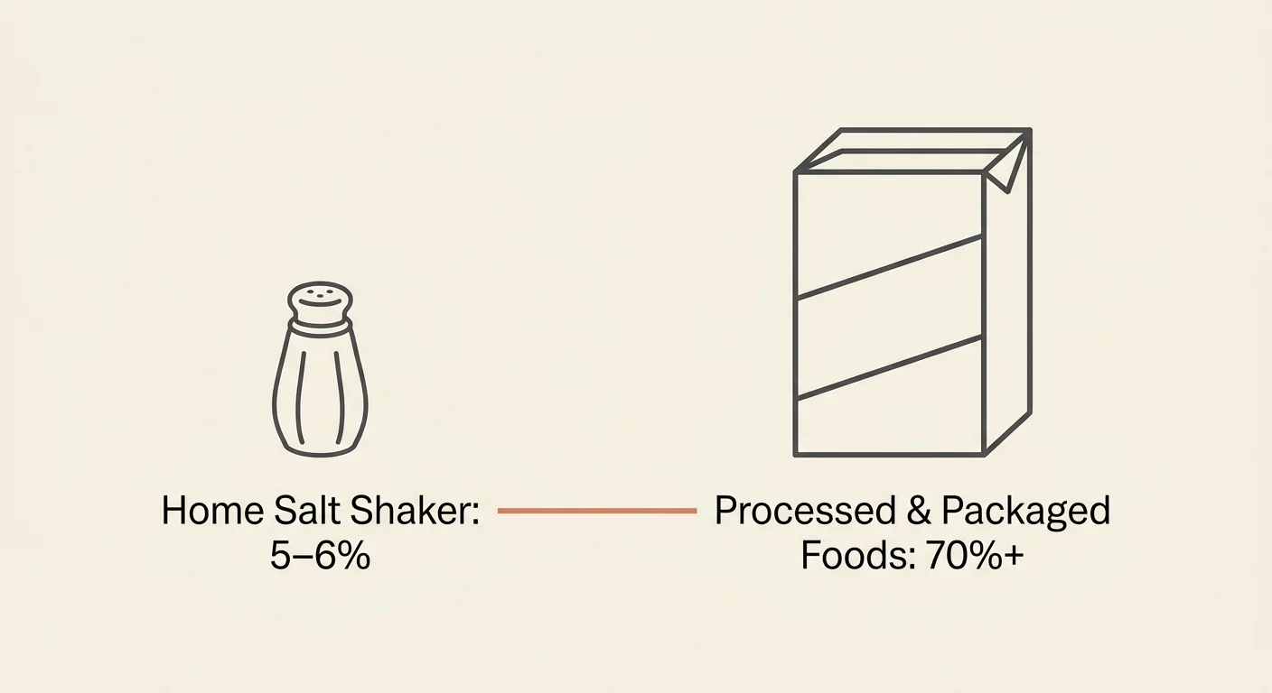 A comparative diagram showing that 70% of dietary sodium comes from packaged foods, while only 5 to 6% comes from the home salt shaker.