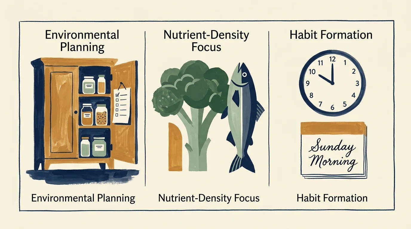 A conceptual three-part illustration showing an organized cupboard, fresh whole foods, and a clock pointing to a Sunday morning routine.