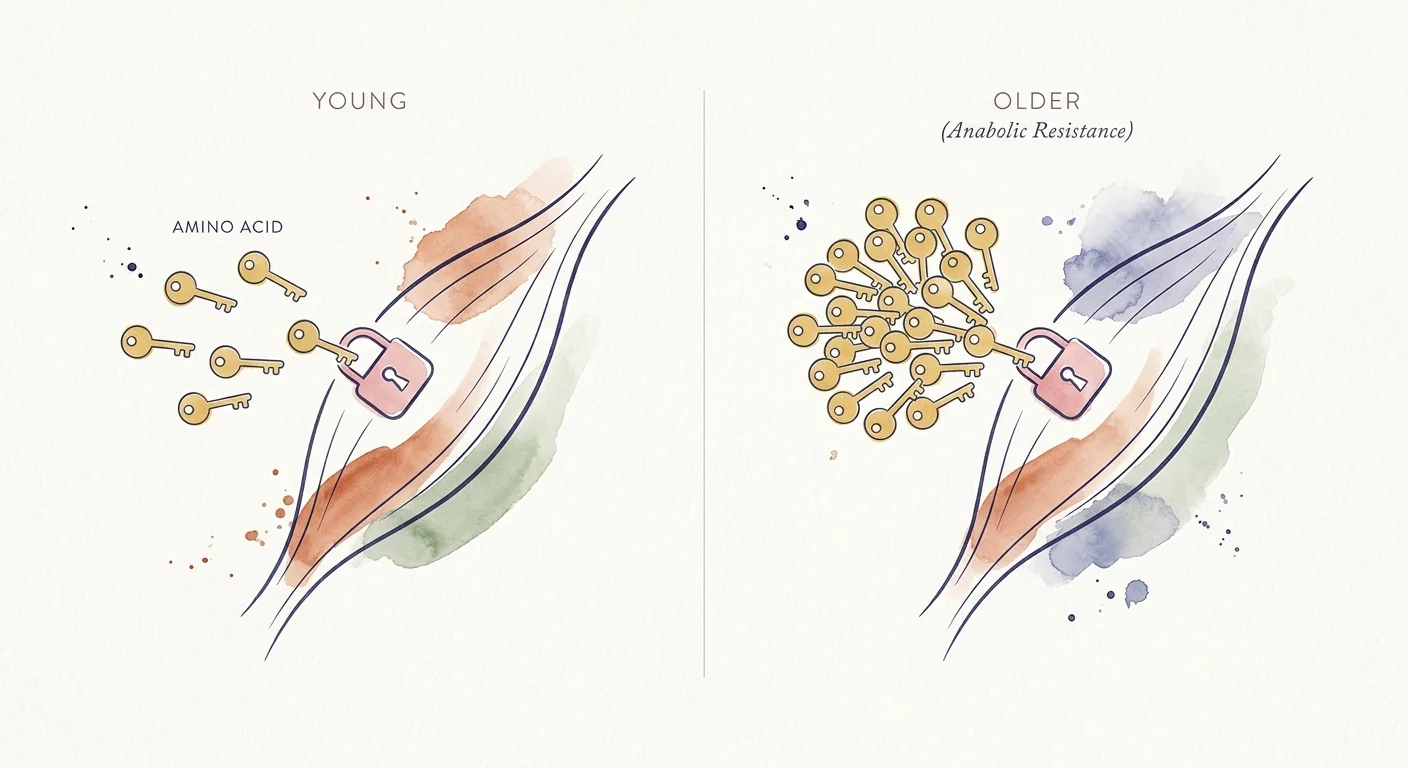A conceptual watercolor diagram showing how older muscle cells require a larger protein signal to trigger muscle repair.