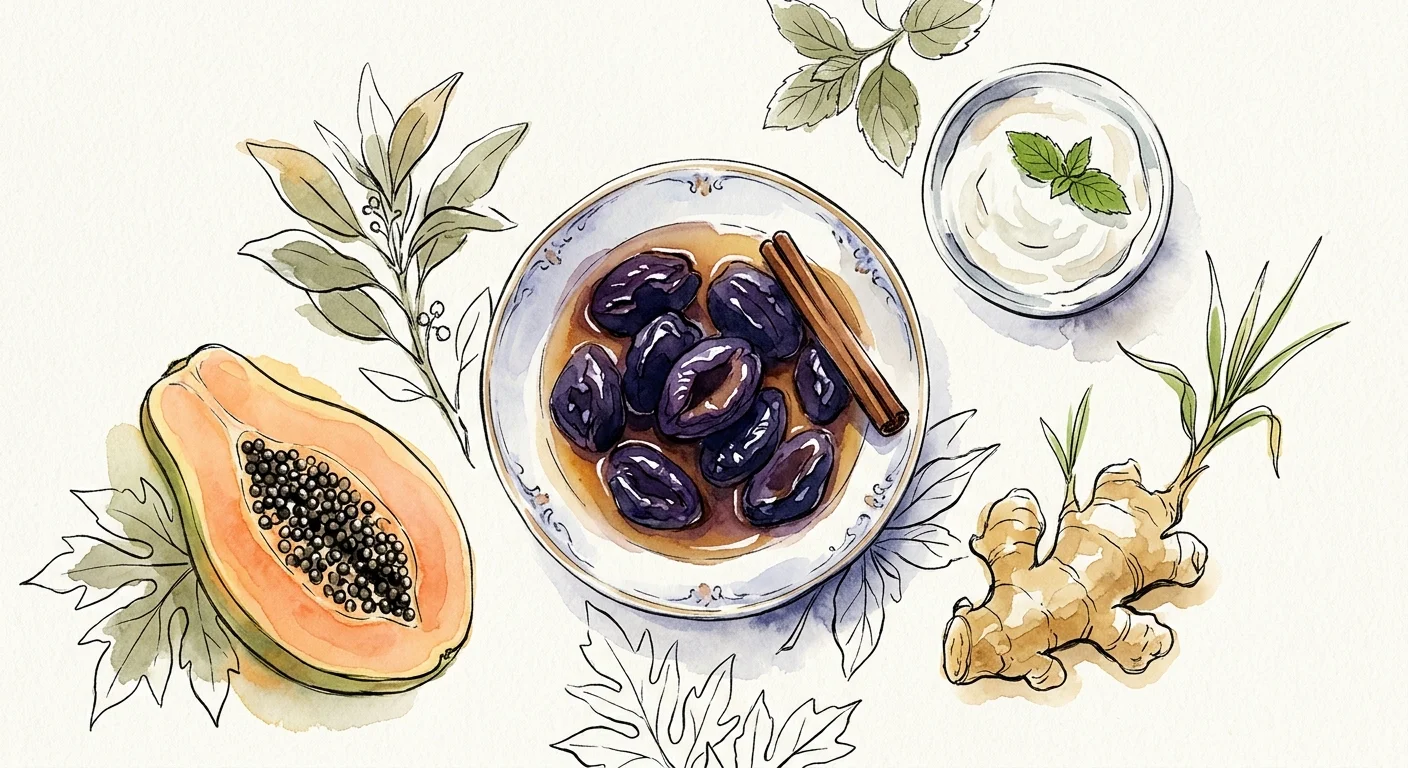 A delicate watercolor illustration of a bowl of stewed prunes, papaya, yogurt, and ginger root on textured paper.