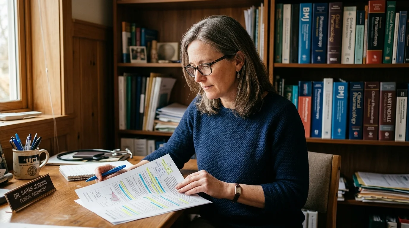 A female clinical pharmacist with glasses reviews a highlighted paper chart at a wooden desk under soft natural window light.