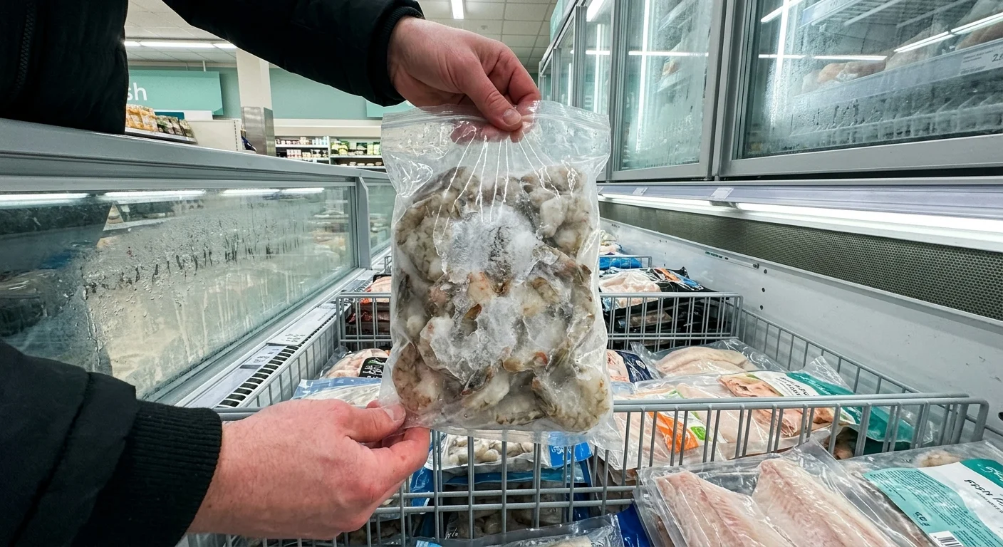 A first-person view of a shopper holding a bag of frozen shrimp that has clumped into a solid block of ice inside a supermarket freezer.