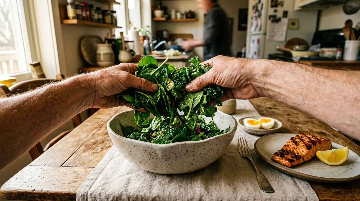 A first-person view of hands tossing kale salad next to grilled salmon and boiled eggs on a rustic wooden dining table.