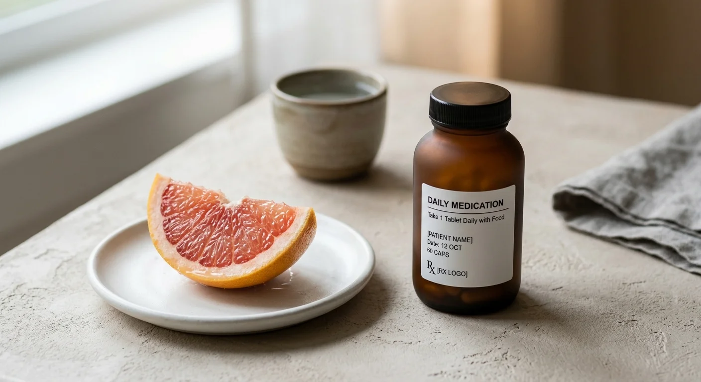 A slice of grapefruit on a small white plate sitting beside an amber medication bottle on a neutral-toned table.