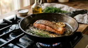 A fresh wild salmon fillet pan-searing in a cast-iron skillet with lemon and rosemary on a rustic kitchen counter.