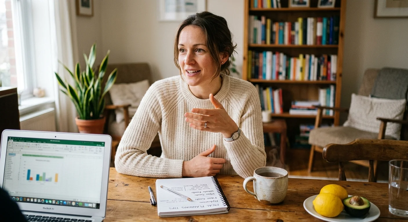 A friendly female dietitian in a casual sweater talking candidly at her wooden dining table with a notepad and tea.