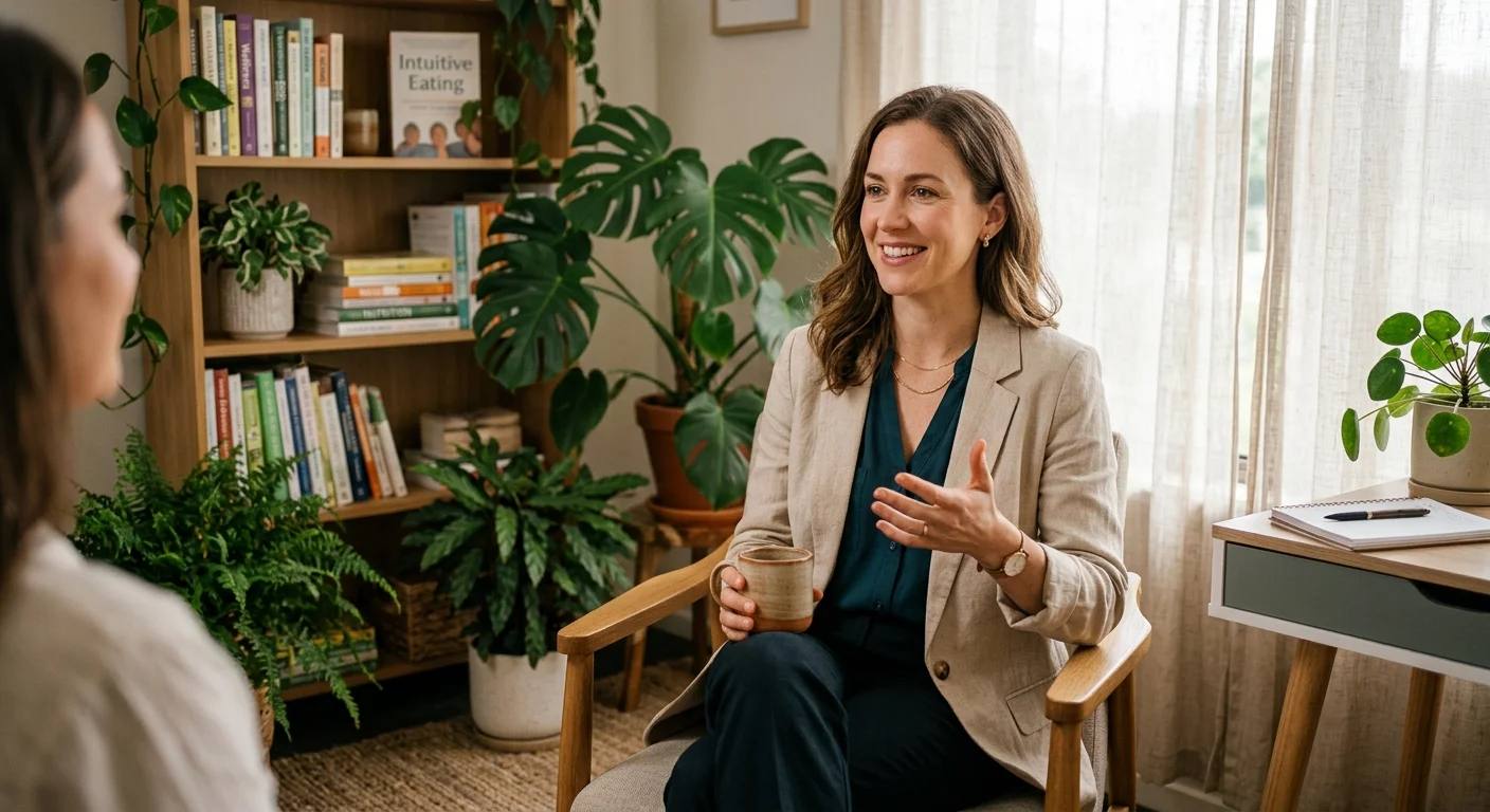 A friendly female dietitian in a cozy, sunlit office holding a mug and speaking supportively.