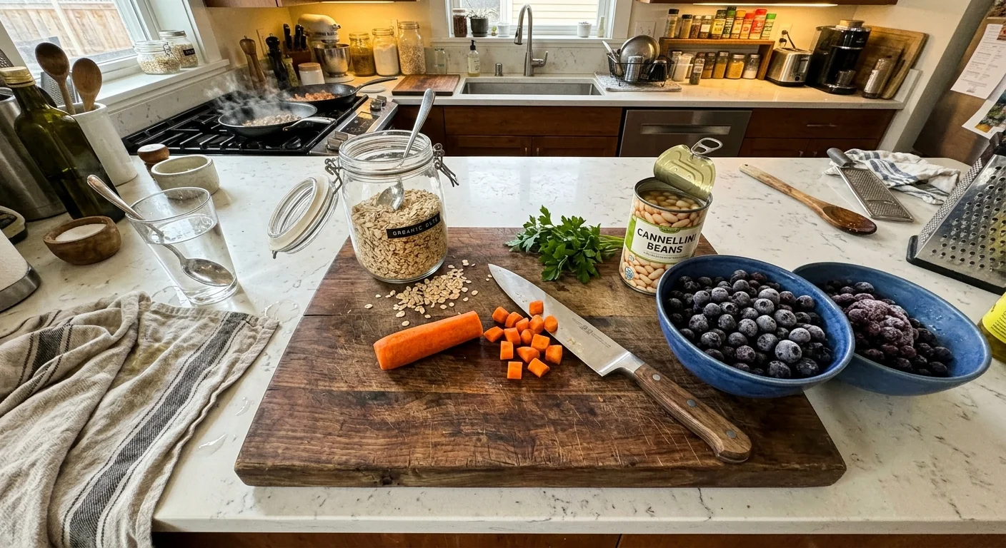 A high-angle photo of a kitchen counter with raw oats, frozen blueberries, canned white beans, and fresh carrots being chopped.