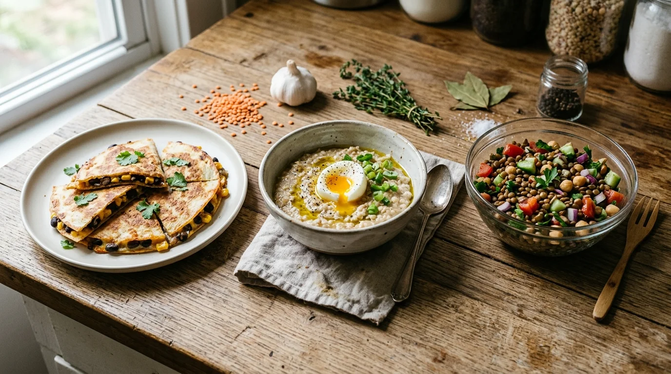 A high-angle photograph of three different rustic dishes made from pantry staples arranged on a wooden kitchen counter.