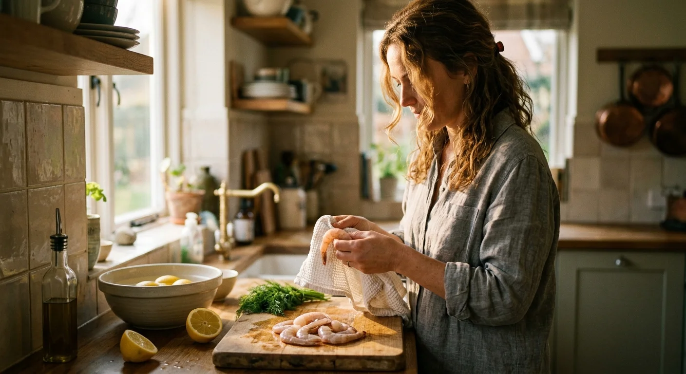 A home cook preparing fresh, safely thawed pink shrimp in a warm, sunlit kitchen with lemons and fresh herbs nearby.