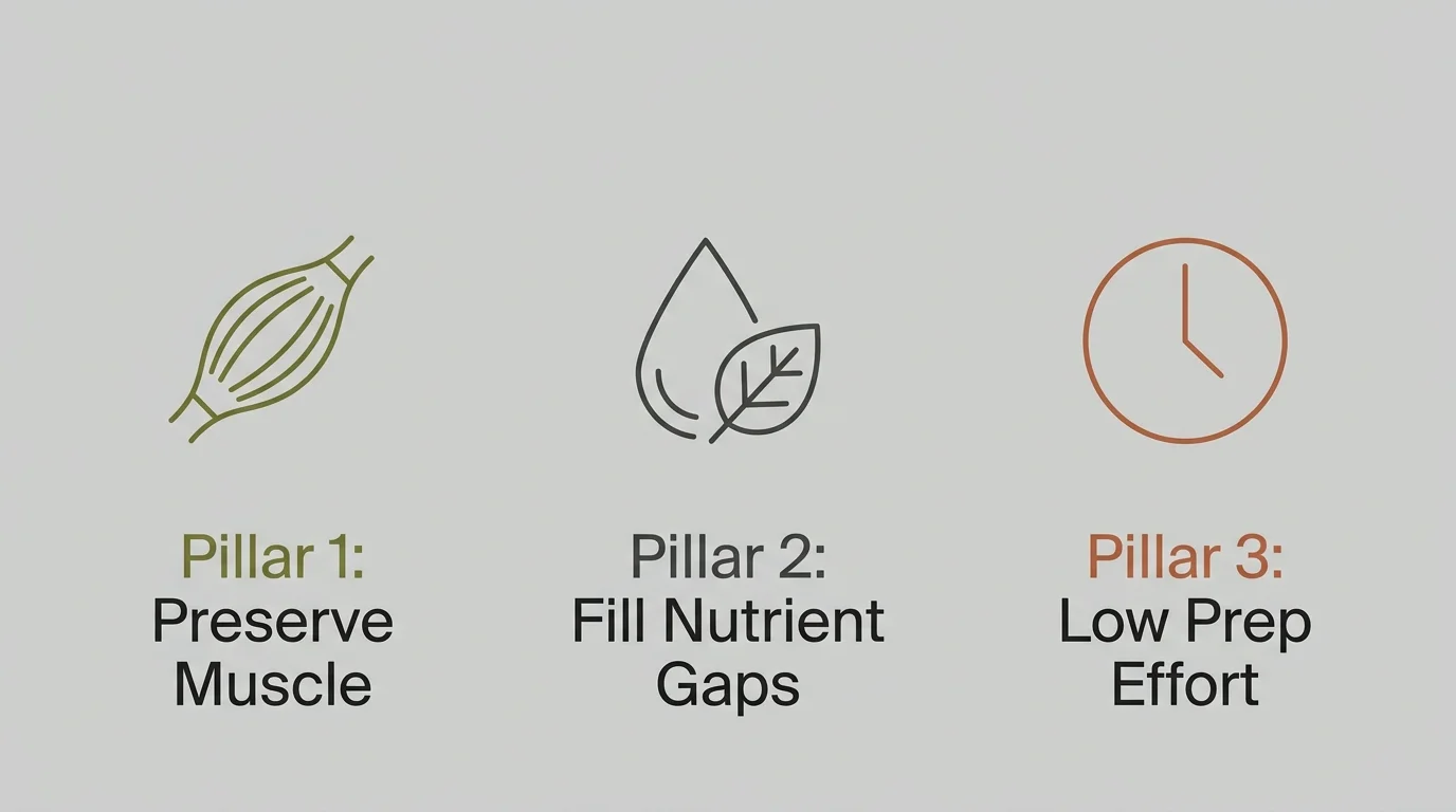 A horizontal 3-column infographic illustrating the three pillars of senior snacking: muscle preservation, nutrient gaps, and easy prep.