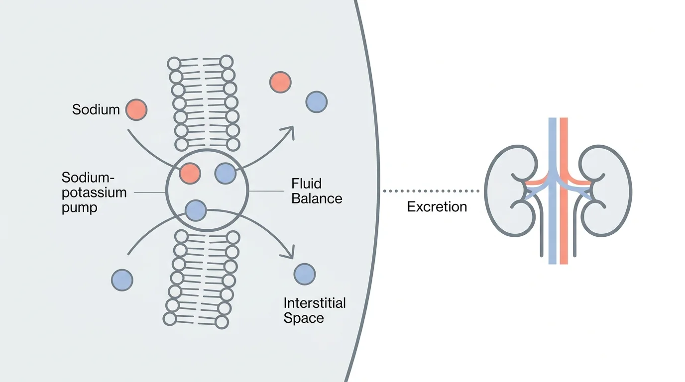 A minimalist diagram showing sodium-potassium fluid balance and kidney excretion in a clean, modern layout.