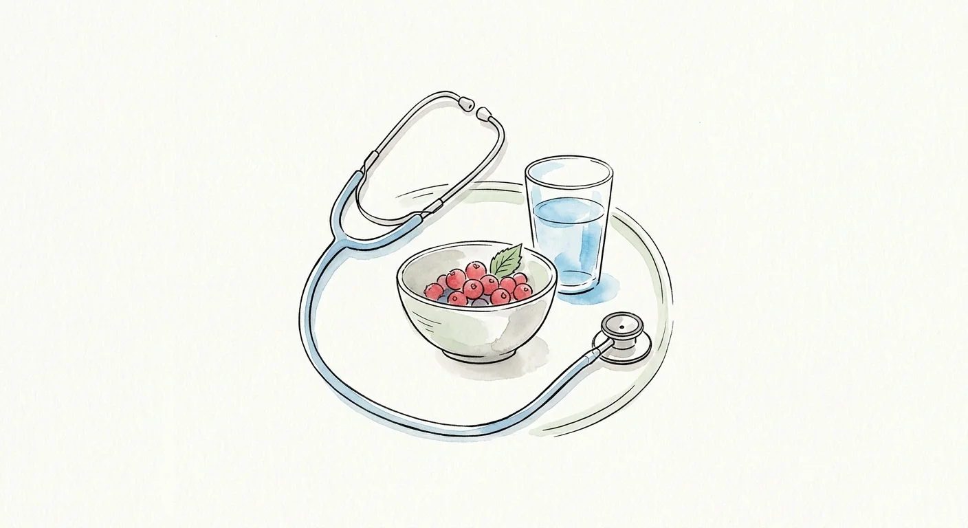 A minimalist ink and watercolor illustration of a stethoscope surrounding a small bowl of fresh berries on a textured background.