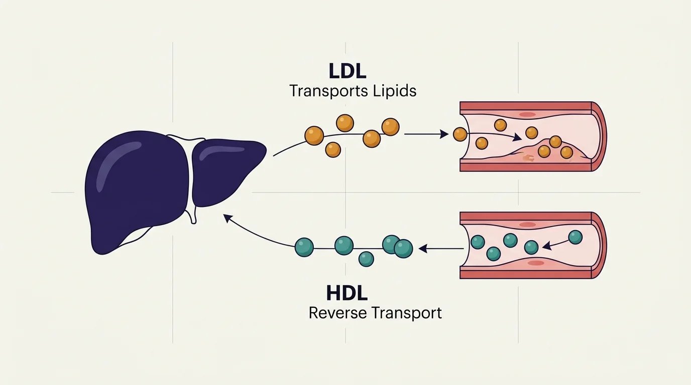 A minimalist medical diagram showing the opposing pathways of LDL and HDL cholesterol between the liver and arterial walls.