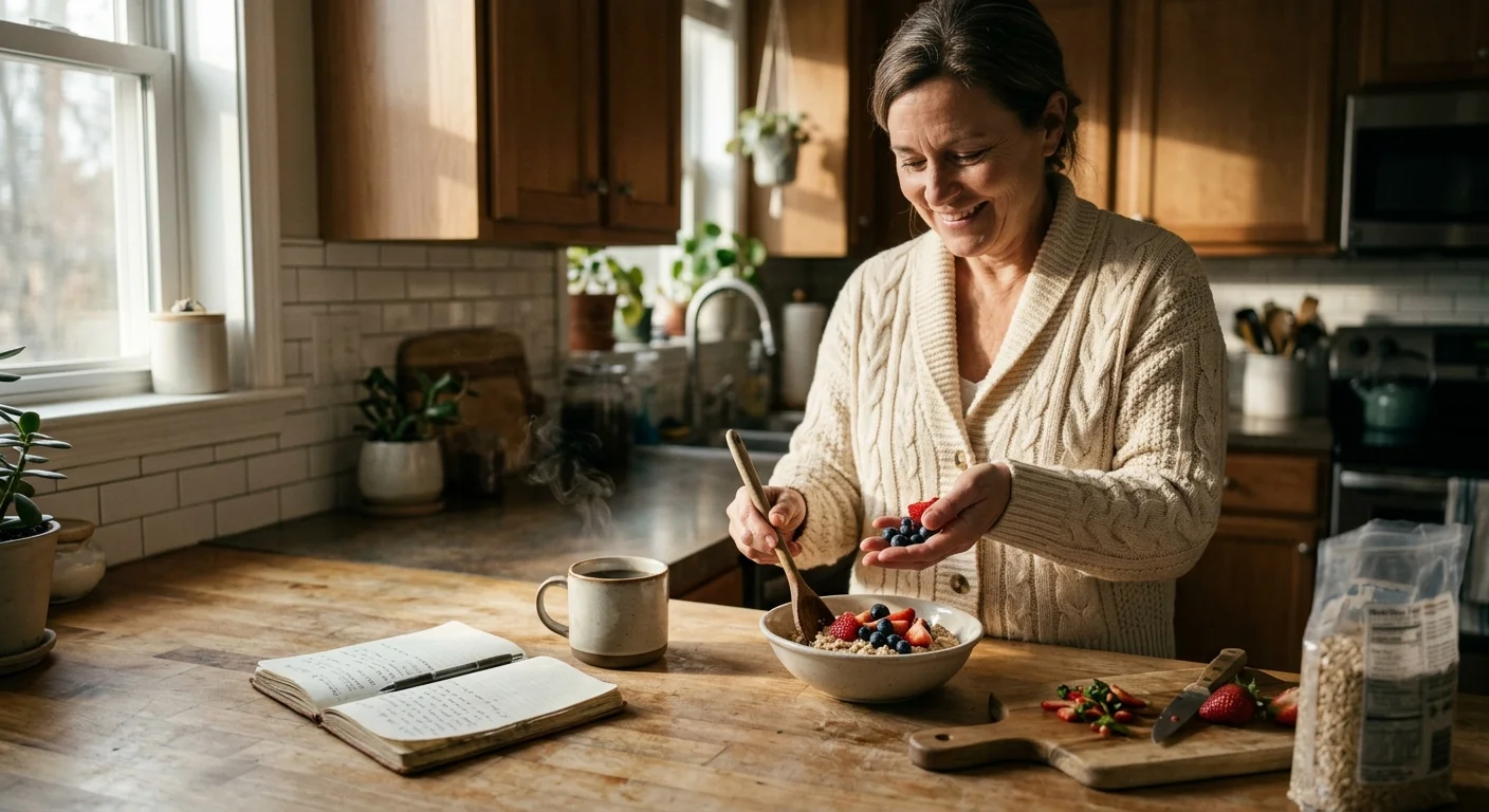 A smiling woman adding fresh blueberries and strawberries to a bowl of oatmeal at a sunlit kitchen counter.