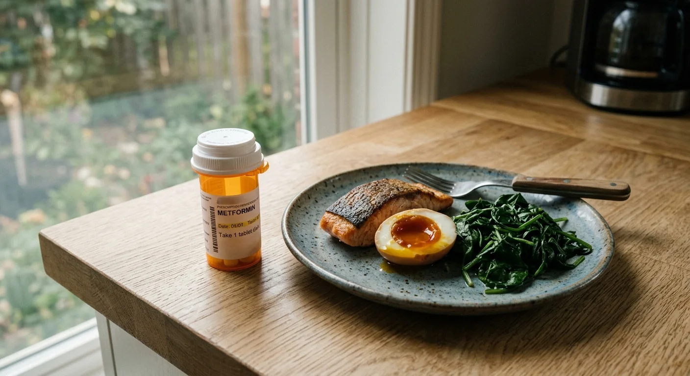 A prescription bottle labeled Metformin sits next to a plate of wild-caught salmon and a boiled egg on a warm wooden kitchen counter.