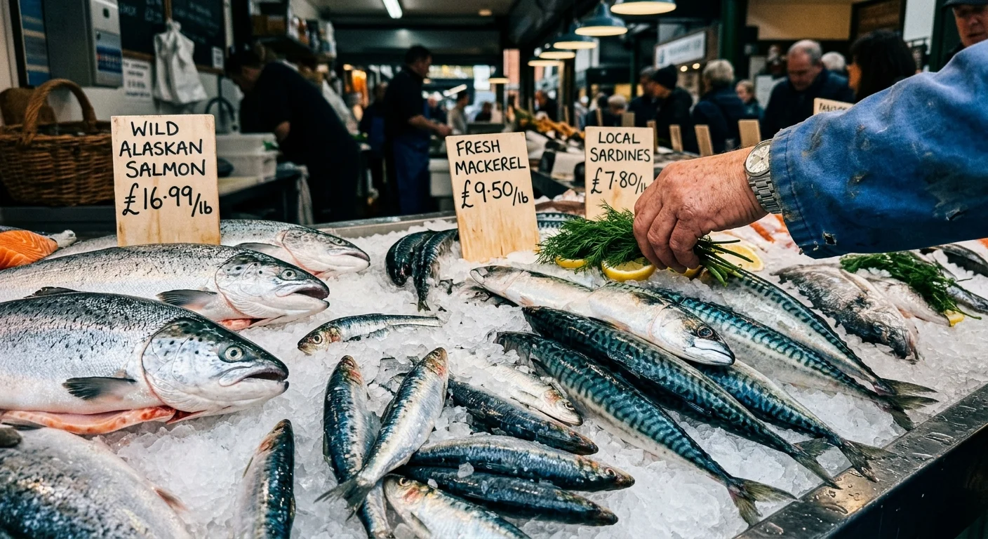A real seafood market counter displaying fresh wild salmon and mackerel on glistening crushed ice with handwritten labels.