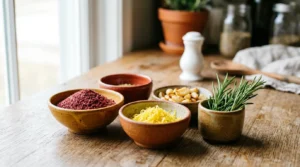 A rustic wooden counter with bowls of colorful spices like red sumac, yellow lemon zest, and green rosemary, with a salt shaker blurred behi