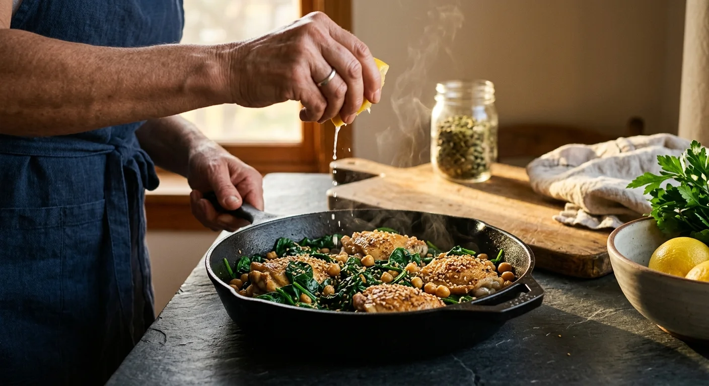 A seasoned cast-iron skillet filled with iron-rich spinach and protein being squeezed with fresh lemon juice.