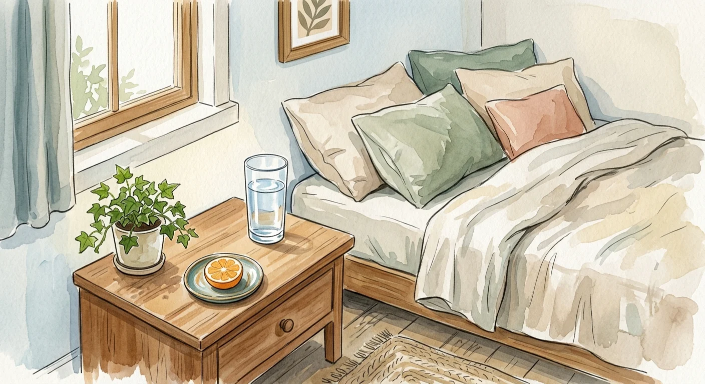 A soft gouache illustration of a quiet bedroom corner with a bed, a glass of water, a plant, and fresh orange slices on a nightstand.