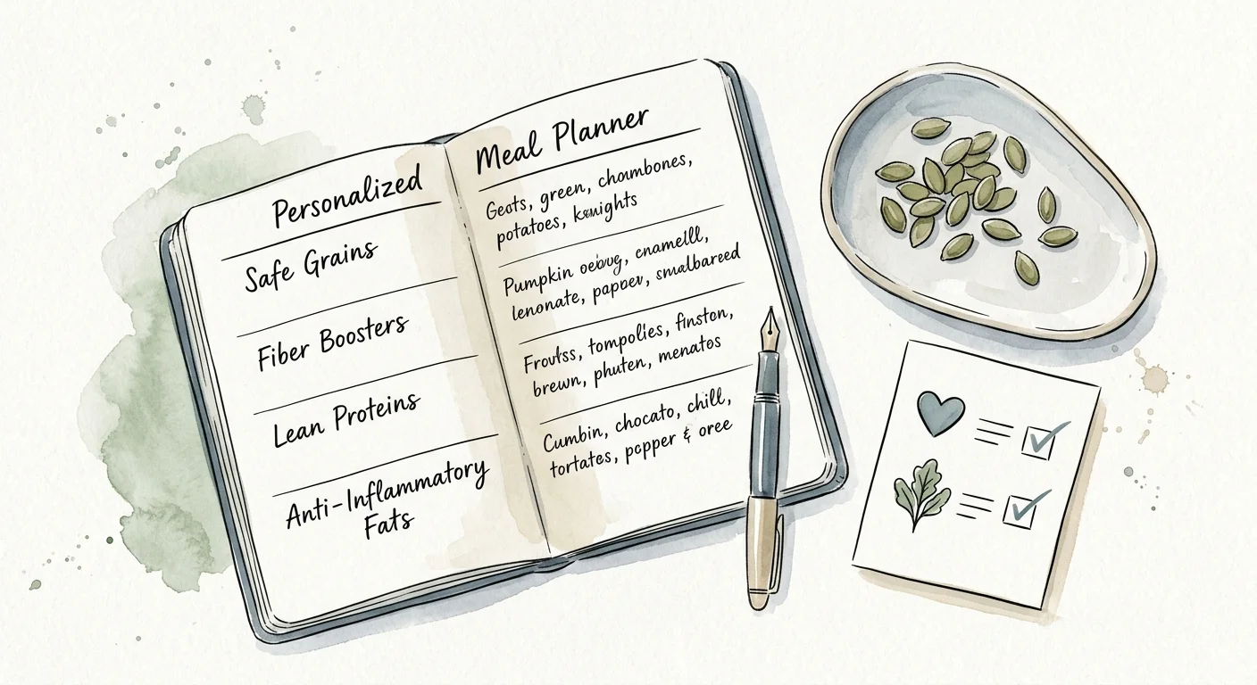 A soft watercolor and ink illustration of a personalized meal planner notebook, pumpkin seeds, and a health checklist.