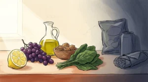 A split kitchen counter illustration showing vibrant fresh foods in warm light on one side and processed foods fading in shadow on the other