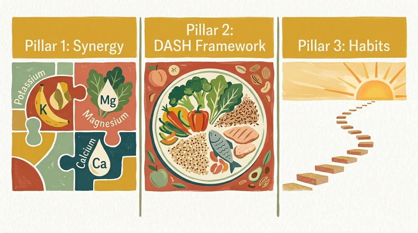 A three-panel gouache illustration depicting nutrient synergy, the DASH meal framework, and sustainable health habits.