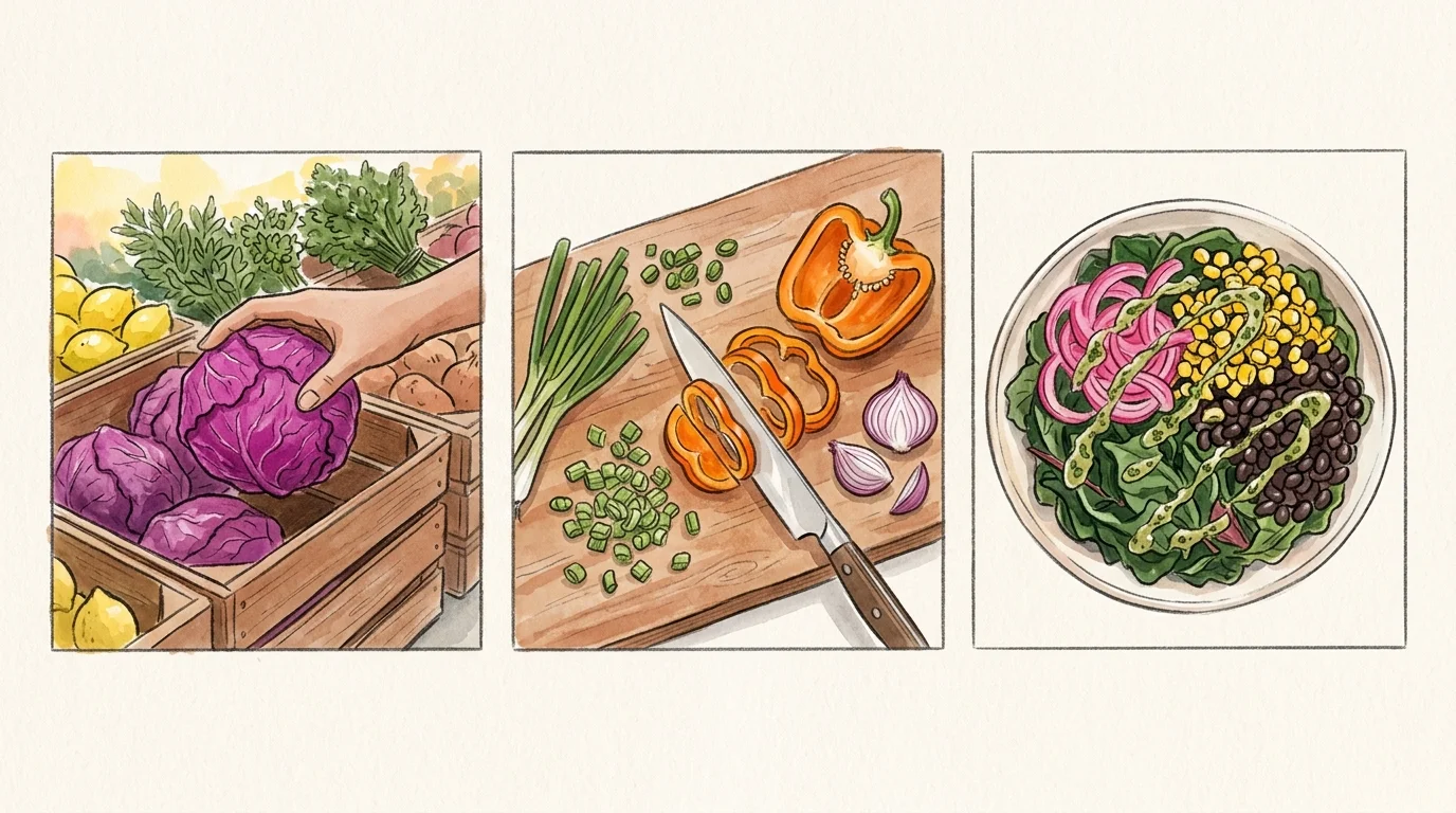 A three-panel illustration showing a hand selecting purple cabbage, slicing orange peppers, and a finished colorful salad bowl.