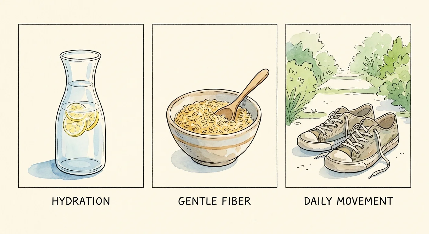 A three-panel watercolor illustration representing Hydration, Gentle Fiber, and Daily Movement with simple, beautiful objects.