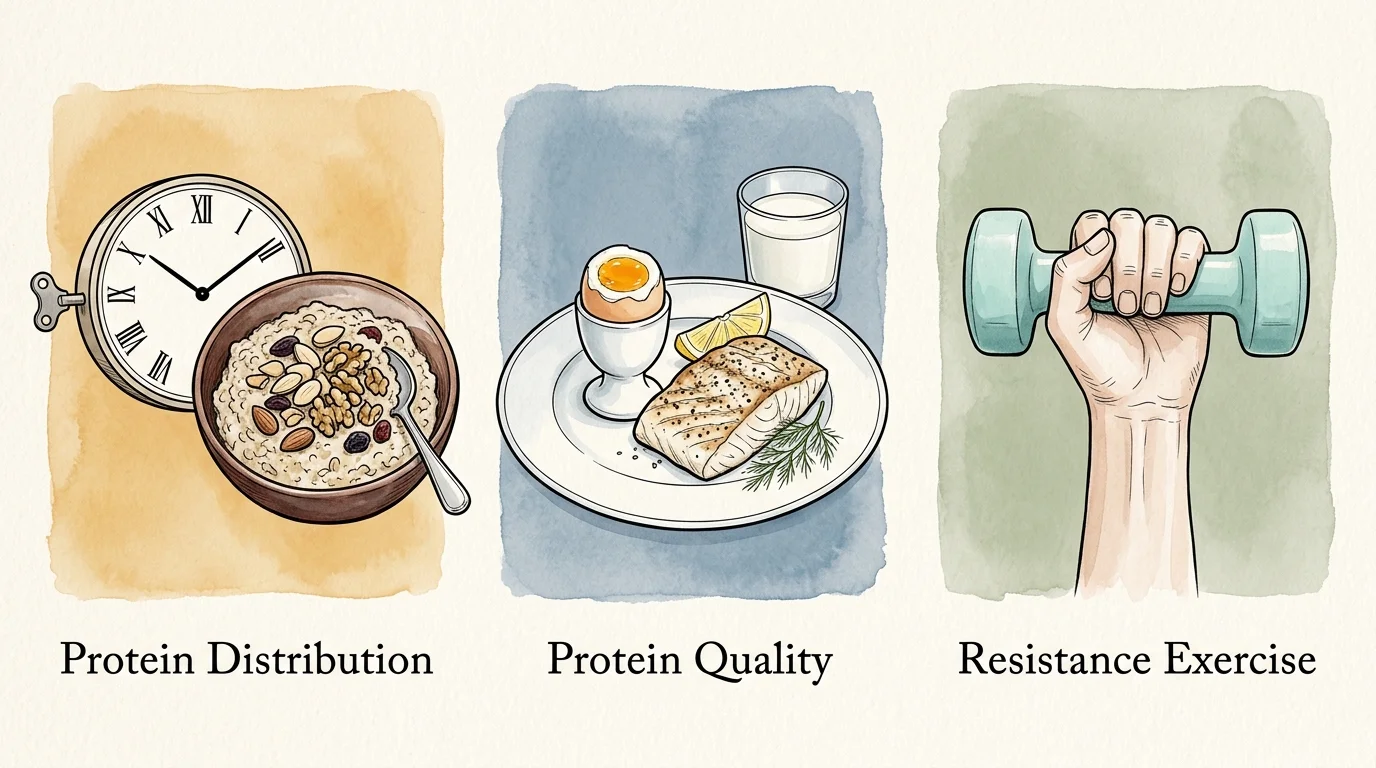 A three-panel watercolor illustration showing the pillars of muscle health: even timing, quality protein, and strength training.