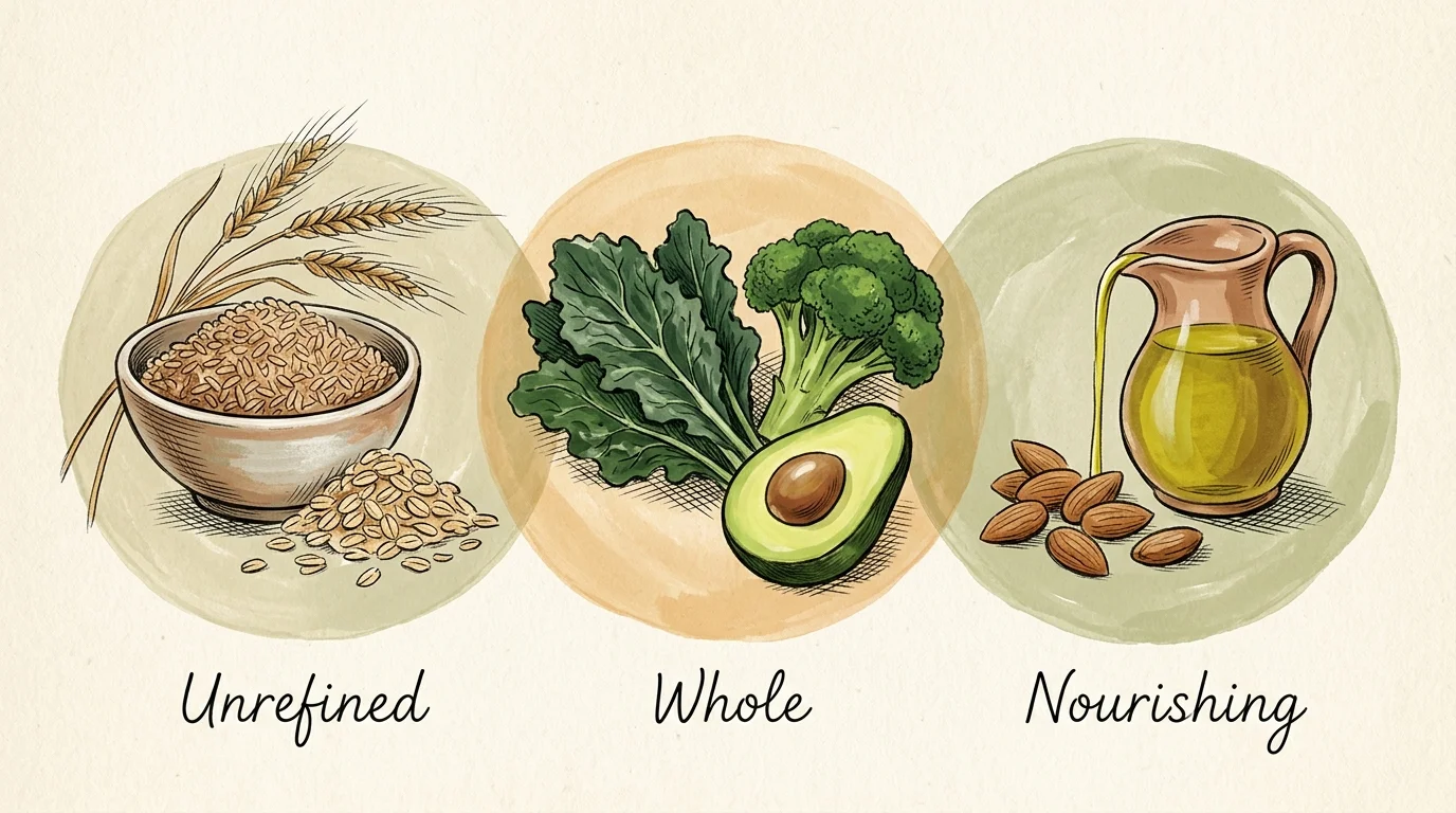 A three-part hand-painted illustration showing whole grains, green vegetables, and olive oil on textured paper.