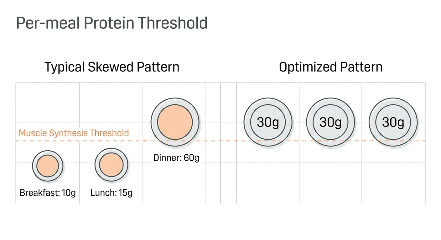 A timeline diagram comparing a skewed protein intake with an optimized, evenly distributed protein intake across three meals.