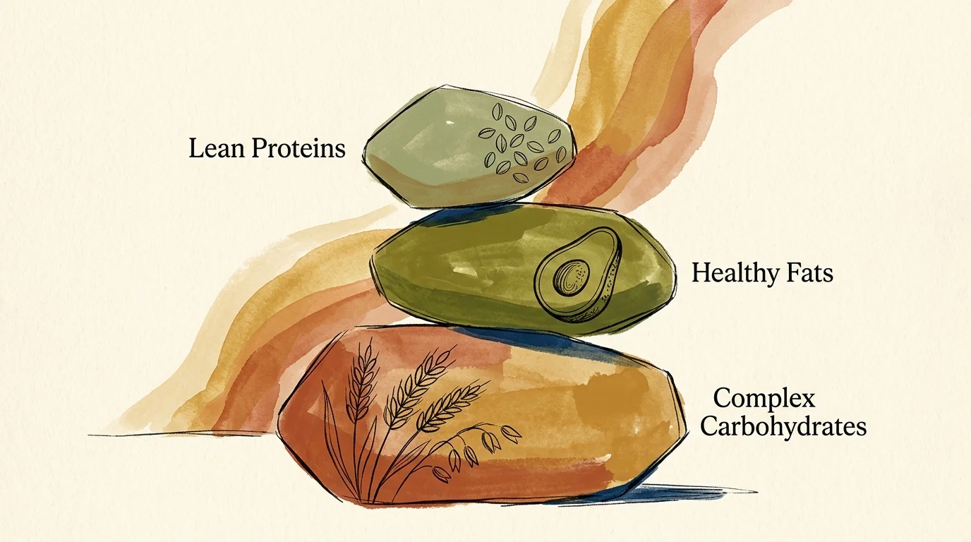 A warm gouache and ink illustration of three balanced stone pillars representing carbohydrates, fats, and proteins for energy.