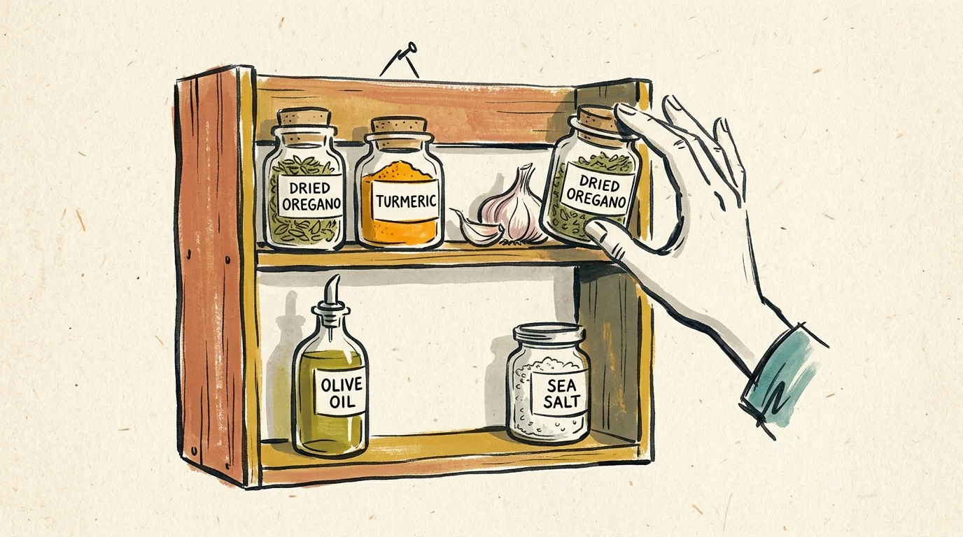 A warm gouache illustration of a spice rack filled with fresh herbs and spices, representing healthy culinary choices.