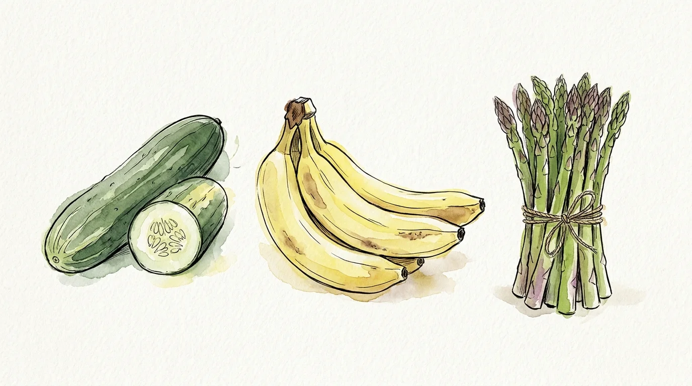 A watercolor and ink illustration of fresh cucumber slices, bananas, and asparagus spears on textured paper.