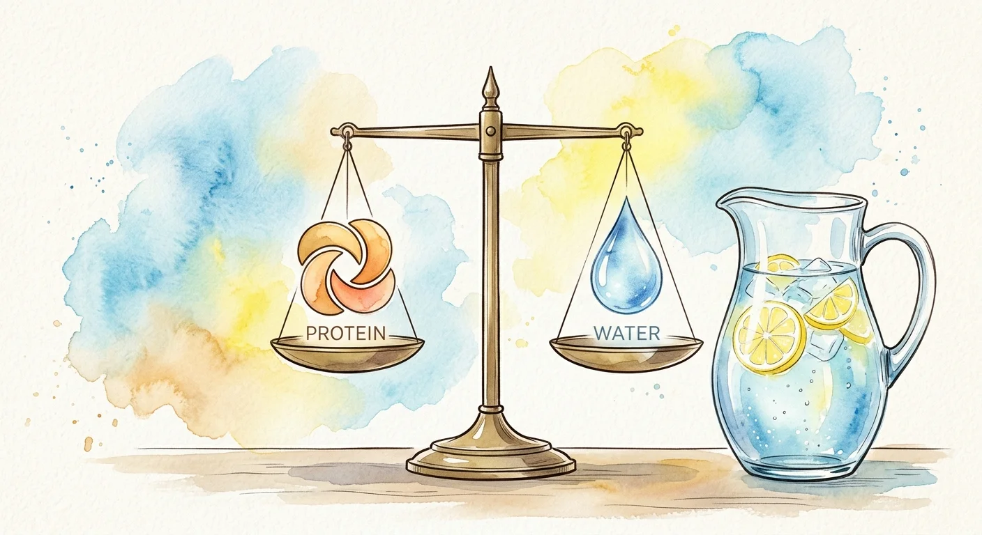 A watercolor illustration of a balanced scale with a protein symbol and water droplet, next to a fresh water pitcher.
