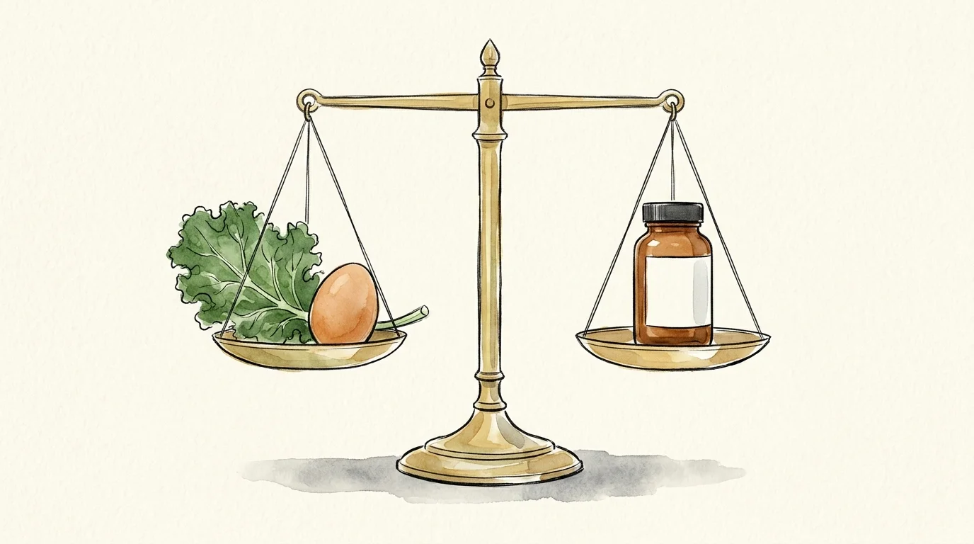 A watercolor illustration of a brass scale balancing raw kale and an egg on one side against an amber supplement bottle.