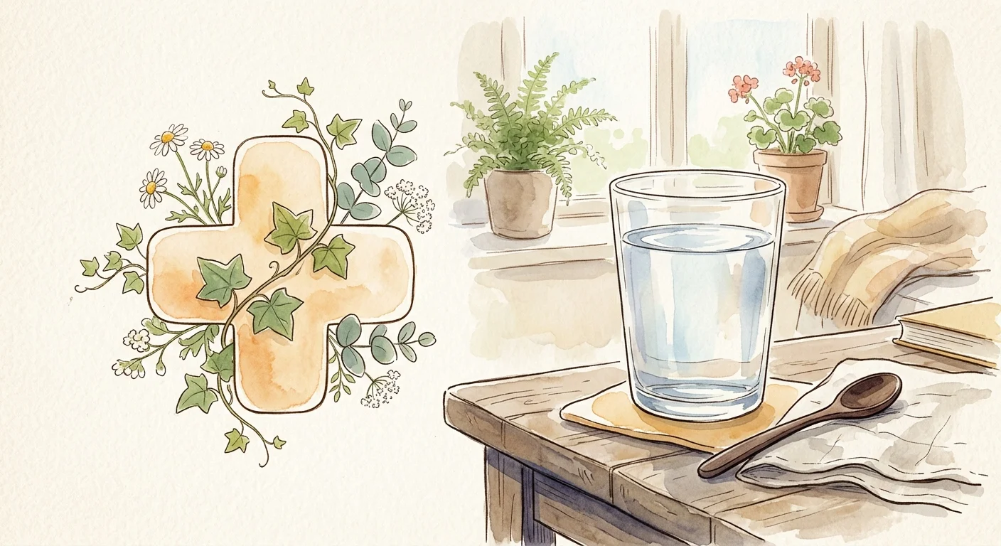 A watercolor illustration of a glass of water and a medical cross wrapped in green leaves, representing health safety.